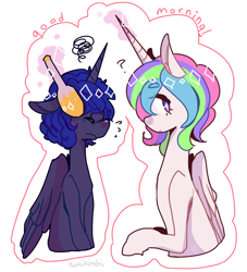 Size: 930x1025 | Tagged: safe, artist:tokiball12345, princess celestia, princess luna, alicorn, pony, alternate hairstyle, brush, cute, eyes closed, floppy ears, grooming, looking at you, magic, nervous, question mark, short hair, sitting, telekinesis, wavy mouth