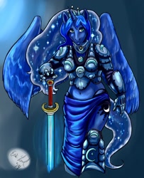 Size: 1037x1280 | Tagged: safe, artist:kazen101, princess luna, anthro, armor, belly button, midriff, solo, sword, warrior luna