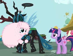 Size: 650x500 | Tagged: safe, artist:mixermike622, queen chrysalis, twilight sparkle, twilight sparkle (alicorn), oc, oc:fluffle puff, alicorn, changeling, changeling queen, pony, twilight's kingdom, female, mare, tumblr:ask fluffle puff