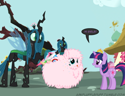 Size: 650x500 | Tagged: safe, artist:mixermike622, queen chrysalis, twilight sparkle, twilight sparkle (alicorn), oc, oc:fluffle puff, alicorn, changeling, changeling queen, pony, twilight's kingdom, female, mare, tumblr:ask fluffle puff