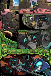 Size: 3000x4500 | Tagged: safe, artist:lovelyneckbeard, queen chrysalis, changeling, changeling queen, nymph, angry, colt, comic, crying, drill sergeant, drool, evil, eye contact, eyes closed, fangs, foal, frown, glare, grin, hoof hold, i can't believe it's not idw, magic man changelings, nose in the air, open mouth, playing, propaganda, sad, smiling, spear, tongue out, toy, weapon, yelling