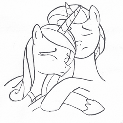 Size: 1024x1028 | Tagged: safe, artist:cartuneslover16, night light, princess cadance, alicorn, pony, crying, hug, lineart, monochrome