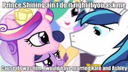 Size: 720x405 | Tagged: safe, princess cadance, shining armor, alicorn, pony, unicorn, female, horn, image macro, male, mare, stallion, that shit cray