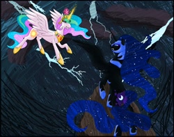 Size: 1006x794 | Tagged: safe, artist:xycurolawls, nightmare moon, princess celestia, alicorn, pony, elements of harmony, lightning