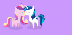 Size: 597x292 | Tagged: safe, artist:agrol, princess cadance, queen chrysalis, shining armor, alicorn, changeling, changeling queen, pony, unicorn, a canterlot wedding, animated, disguise, disguised changeling, eyes closed, fake cadance, female, infidelity, male, nuzzling, open mouth, pointy ponies, raised eyebrow, shining armor is a goddamn moron, shining chrysalis, shipping, simple background, smiling, straight, surprised, the fun has been doubled
