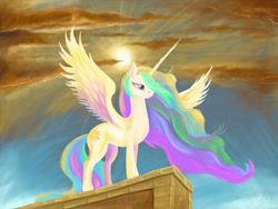 Size: 1300x975 | Tagged: safe, artist:nightshroud, princess celestia, alicorn, pony, female, horn, mare, missing accessory, multicolored mane, multicolored tail, solo, white coat, white wings, wings