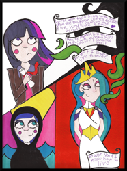 Size: 2608x3498 | Tagged: safe, artist:grocerystorephobic, princess celestia, princess luna, twilight sparkle, human, female, humanized, lesbian, quiet company, shipping, song reference, traditional art, twilestia