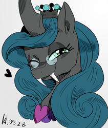 Size: 845x1000 | Tagged: safe, artist:nekubi, queen chrysalis, reversalis, changeling, changeling queen, bedroom eyes, colored, cute, cutealis, fangs, female, glasses, heart, looking at you, one eye closed, portrait, smiling, solo, wink