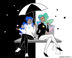 Size: 1100x886 | Tagged: safe, artist:egophiliac, princess celestia, princess luna, human, black and white, cake, duality, fork, humanized, moderate dark skin, monochrome, neo noir, partial color, sitting, umbrella