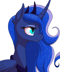 Size: 500x600 | Tagged: safe, artist:stoic5, princess luna, alicorn, pony, bedroom eyes, female, mare, portrait, profile, side view, simple background, smiling, solo, white background