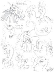 Size: 1024x1358 | Tagged: dead source, safe, artist:joellethenose, discord, gummy, princess luna, alicorn, alligator, draconequus, pony, annoyed, evil grin, female, floppy ears, frown, grin, jewelry, mare, monochrome, regalia, signature, sketch, sketch dump, smiling, standing, surprised