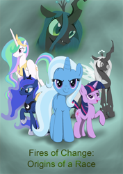 Size: 2000x2820 | Tagged: safe, artist:midnightsonare, princess celestia, princess luna, queen chrysalis, trixie, twilight sparkle, alicorn, changeling, changeling queen, pony, fanfic art