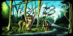 Size: 1264x632 | Tagged: safe, artist:auroriia, fluttershy, queen chrysalis, changeling, changeling queen, pegasus, pony, dolphins, fluttermom, mama fluttershy, motherly, river, scenery, tree, water