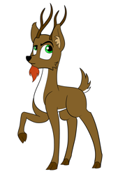 Size: 692x1024 | Tagged: safe, artist:jacktality, oc, oc only, oc:renn, deer, antlers, beard, brown fur, cloven hoof, colored, deer oc, deer tail, facial hair, flat color, green eyes, looking up, male, raised hoof, raised leg, requested art, solo