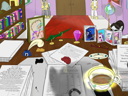 Size: 7200x5400 | Tagged: safe, artist:halflingpony, philomena, princess celestia, princess luna, raven, shining armor, alicorn, pony, unicorn, absurd resolution, bill, budget, crepuscular rays, desk, doodle, hoofstamp, ink, levitation, macaroni art, magic, paperclip, paperwork, pdc, photo, pov, quill, royal guard, shadow, table, tea, teacup, updated, working