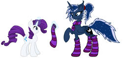 Size: 1700x800 | Tagged: safe, artist:yooyfull, princess luna, rarity, alicorn, pony, unicorn, alternate hairstyle, clothes, levitation, magic, makeover, ponytail, raised hoof, scarf, simple background, socks, striped socks