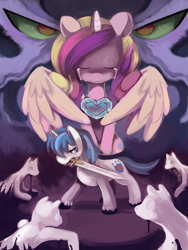 Size: 580x773 | Tagged: safe, artist:ende26, king sombra, princess cadance, shining armor, alicorn, pony, unicorn, crystal heart, fight, mouth hold, surreal, sword