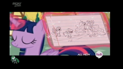 Size: 1366x768 | Tagged: safe, screencap, princess celestia, twilight sparkle, twilight sparkle (alicorn), alicorn, pony, testing testing 1-2-3, female, flash card, hub logo, mare, solo