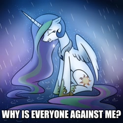 Size: 1494x1490 | Tagged: safe, princess celestia, alicorn, pony, celestia defence, crying, image macro, meme, op is trying to start shit, rain, solo