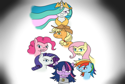 Size: 1500x1000 | Tagged: safe, artist:kyonsylar, applejack, fluttershy, pinkie pie, princess celestia, rainbow dash, rarity, twilight sparkle, alicorn, earth pony, pegasus, pony, unicorn, alex warlorn, fanfic, mane six, pony pov series, reharmonized ponies