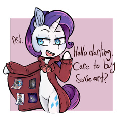 Size: 885x836 | Tagged: safe, artist:urbanqhoul, rarity, pony, unicorn, bipedal, clothes, commission info, darling, simple background, solo, text, transparent background, trenchcoat, whispering