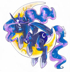 Size: 1459x1492 | Tagged: safe, artist:corelle-vairel, princess luna, alicorn, pony, crescent moon, moon, solo, tangible heavenly object, traditional art