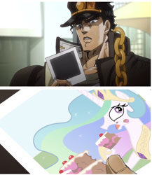 Size: 504x581 | Tagged: safe, edit, princess celestia, alicorn, pony, cake, cakelestia, food, jojo's bizarre adventure, jotaro kujo, photo