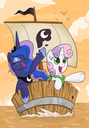 Size: 2150x3100 | Tagged: safe, artist:thebrokencog, princess luna, sweetie belle, alicorn, pony, boat, happy