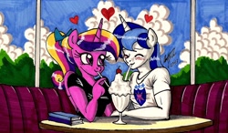 Size: 1440x840 | Tagged: safe, artist:newyorkx3, princess cadance, shining armor, anthro, heart, milkshake, ponytail, restaurant, table, traditional art