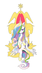 Size: 900x1558 | Tagged: safe, artist:cosmichat, princess celestia, alicorn, pony, crossed legs, female, hair over one eye, looking at you, mare, simple background, solo, throne, transparent background