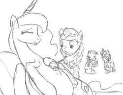 Size: 1345x1045 | Tagged: safe, artist:patch, apple bloom, princess luna, scootaloo, sweetie belle, alicorn, pony, auscultation, belly, doctor, head mirror, kicking, laughing, listening, monochrome, playing doctor, pregnant, sketch, stethoscope