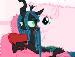 Size: 650x500 | Tagged: safe, artist:mixermike622, queen chrysalis, oc, oc:fluffle puff, changeling, changeling queen, licking