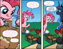 Size: 1022x796 | Tagged: source needed, safe, artist:tonyfleecs, edit, idw, pinkie pie, princess luna, alicorn, earth pony, pony, spoiler:comicff7, comic, glue, glue bottle, implied murder, krastos the gluemaker, super glue, text edit