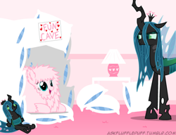 Size: 650x500 | Tagged: safe, artist:mixermike622, queen chrysalis, oc, oc:fluffle puff, changeling, changeling queen, fun cave, pillow fort, plushie