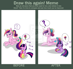 Size: 1024x977 | Tagged: safe, artist:derpsonhooves, princess cadance, twilight sparkle, alicorn, pony, before and after, draw this again, filly, younger