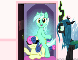 Size: 602x463 | Tagged: safe, artist:mixermike622, artist:snapai, edit, bon bon, lyra heartstrings, queen chrysalis, sweetie drops, changeling, changeling queen, animated, bonbon style, crossing the memes, exploitable meme, fluffle puff's closet, frown, gangnam style, grin, lyravator, meme, open mouth, prone, smiling, squee