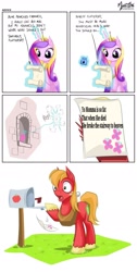 Size: 1100x2178 | Tagged: safe, artist:mysticalpha, edit, big macintosh, fluttershy, princess cadance, alicorn, earth pony, pony, comic, crown, female, fluttershy's letter, freckles, glowing horn, hoof hold, horn, ink, jewelry, letter, levitation, magic, mailbox, male, mare, meme, multicolored mane, onomatopoeia, open mouth, orange mane, orange tail, pink coat, purple eyes, quill, raised hoof, raised leg, red coat, regalia, simple background, sitting, smiling, stallion, surprised, telekinesis, text, this will end in pain, unshorn fetlocks, white background, wings, yo mama