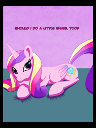 Size: 800x1061 | Tagged: safe, artist:idle hooves, princess cadance, alicorn, pony, comic:saturday night, bedroom eyes, comic, female, looking at you, male, missing accessory, prone, shipping, smiling, solo, straight