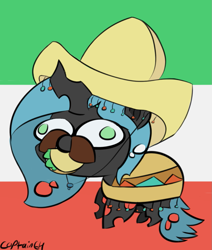 Size: 1037x1224 | Tagged: safe, artist:captain64, queen chrysalis, changeling, changeling queen, clothes, derp, mexican bug horse waifu, moustache, nom, queen quesadilla, solo, sombrero, taco