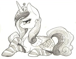 Size: 1280x1003 | Tagged: safe, artist:dimwitdog, princess cadance, alicorn, pony, clothes, female, mare, monochrome, socks, solo, striped socks, traditional art