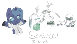 Size: 891x509 | Tagged: safe, artist:ponykai, princess luna, alicorn, pony, cute, filly, lunabetes, science, science woona, solo, woona