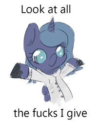 Size: 378x469 | Tagged: safe, artist:ponykai, edit, princess luna, alicorn, pony, cute, filly, image macro, look at all the fucks i give, meme, no fucks, science woona, solo, vulgar, woona