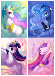 Size: 724x1000 | Tagged: safe, artist:amy30535, princess cadance, princess celestia, princess luna, twilight sparkle, twilight sparkle (alicorn), alicorn, pony, alicorn tetrarchy, female, heart, looking at you, mare, moon, sample, sun