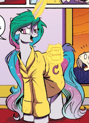 Size: 433x599 | Tagged: safe, artist:andypriceart, idw, kibitz, princess celestia, alicorn, pony, spoiler:comic, bathrobe, bed mane, clothes, coffee mug, i hate mondays, mug, robe