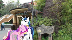 Size: 1024x577 | Tagged: safe, artist:mario94, princess cadance, shining armor, alicorn, dinosaur, pony, unicorn, velociraptor, jurassic park, ponies in real life, universal studios