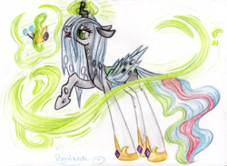 Size: 3377x2474 | Tagged: safe, artist:julunis14, princess celestia, queen chrysalis, alicorn, changeling, changeling queen, pony, character to character, solo, traditional art, transformation