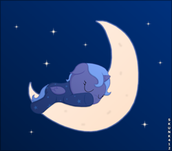 Size: 600x529 | Tagged: safe, artist:skunk412, princess luna, alicorn, pony, clothes, crescent moon, cute, filly, foal, footed sleeper, lunabetes, moon, pajamas, sleeping, solo, tangible heavenly object, transparent moon, woona, younger