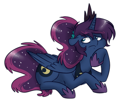 Size: 904x780 | Tagged: dead source, safe, artist:princess-hanners, princess luna, alicorn, pony, alternate hairstyle, luna-afterdark, prone, simple background, solo