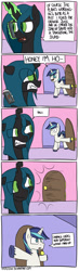 Size: 1000x3412 | Tagged: safe, artist:timsplosion, queen chrysalis, shining armor, changeling, changeling queen, pony, unicorn, comic:shining armor is a goddamn moron, cellphone, comic, door, female, magic, magic aura, male, phone, pun, shining armor is a goddamn moron, speech bubble, stallion, telekinesis, vulgar