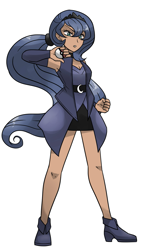 Size: 1027x1673 | Tagged: safe, artist:kianamai, princess luna, human, clothes, cropped, crossover, humanized, looking at you, pokéball, pokémon, ponytail, simple background, skirt, solo, style emulation